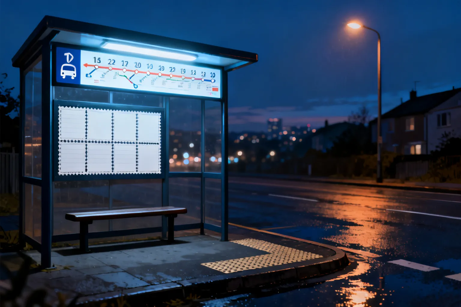 Iluminowany przystanek nocnych autobusów w Szczecinie z panelem mapy tras, rozkładem i pustą ławką na mokrym chodniku.