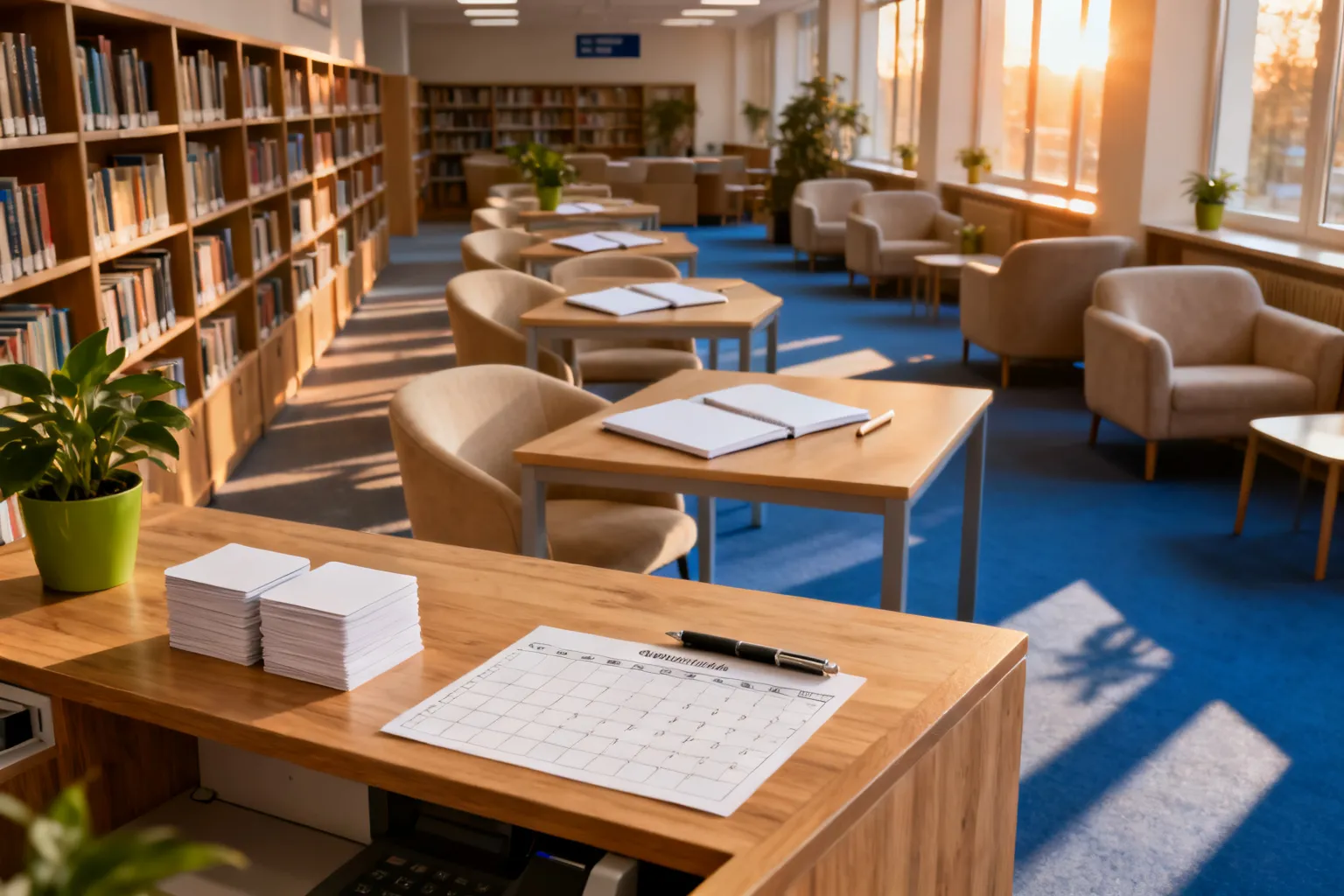 Przytulne wnętrze biblioteki w Szczecinie: przestronna sala czytelni, regały z książkami i słoneczne miejsce do czytania.