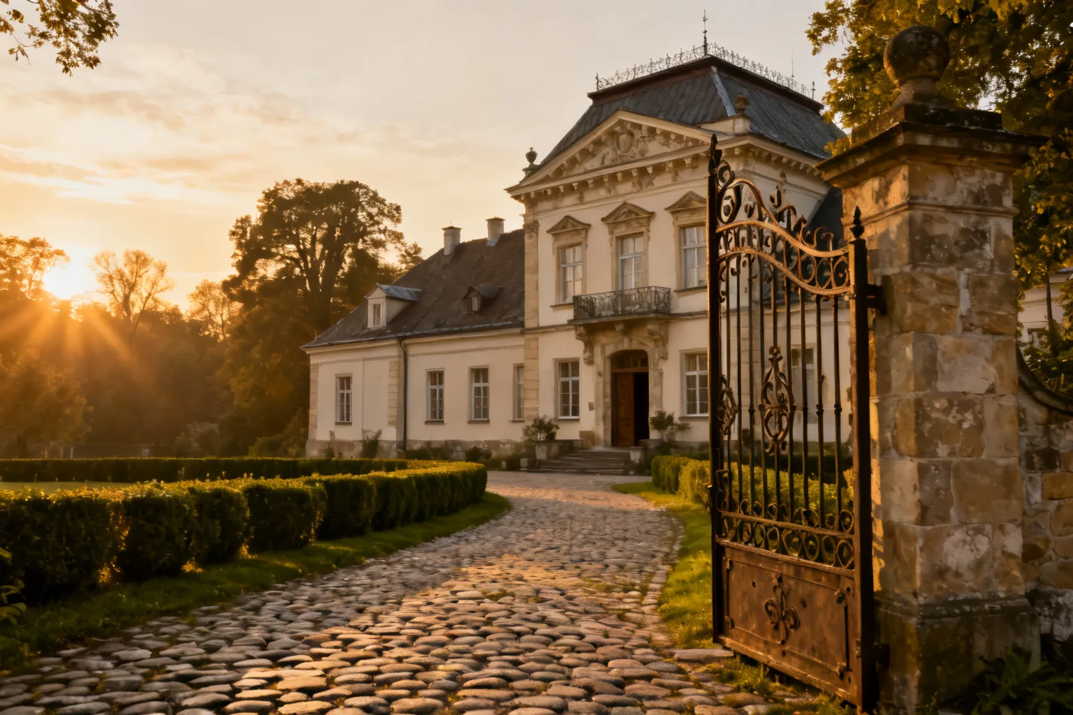 Elegancka, odrestaurowana rezydencja szlachecka przy brukowanej ścieżce i otwartym kutym ogrodzeniu, zapraszająca do zwiedzania.