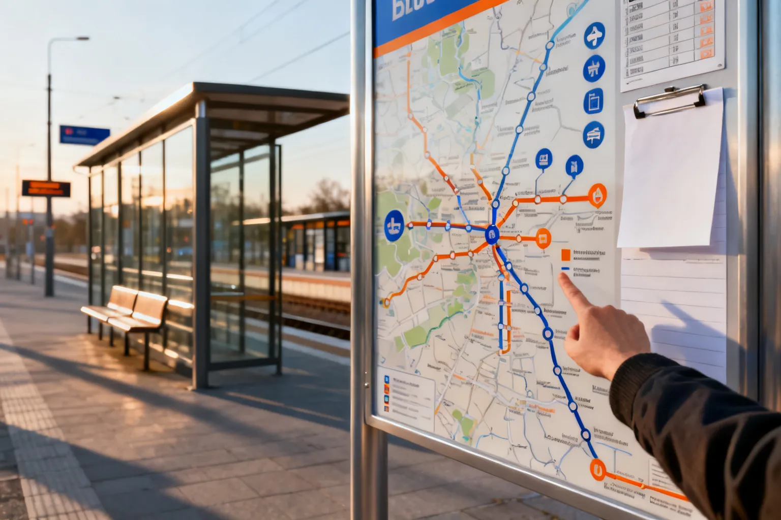 Mapa węzłów przesiadkowych Szczecina na stalowym stojaku, ręka wskazuje punkt przesiadkowy przy przystanku tramwajowym.