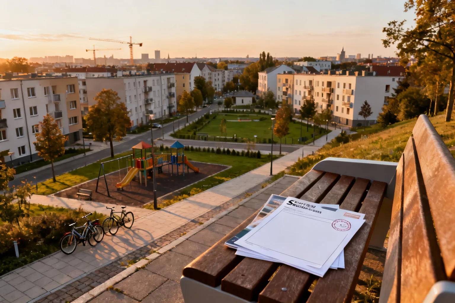 Widok na rozwijającą się dzielnicę Szczecina: zadbane bloki, place zabaw, drzewa, nowe budowy i broszura nieruchomości na ławce.