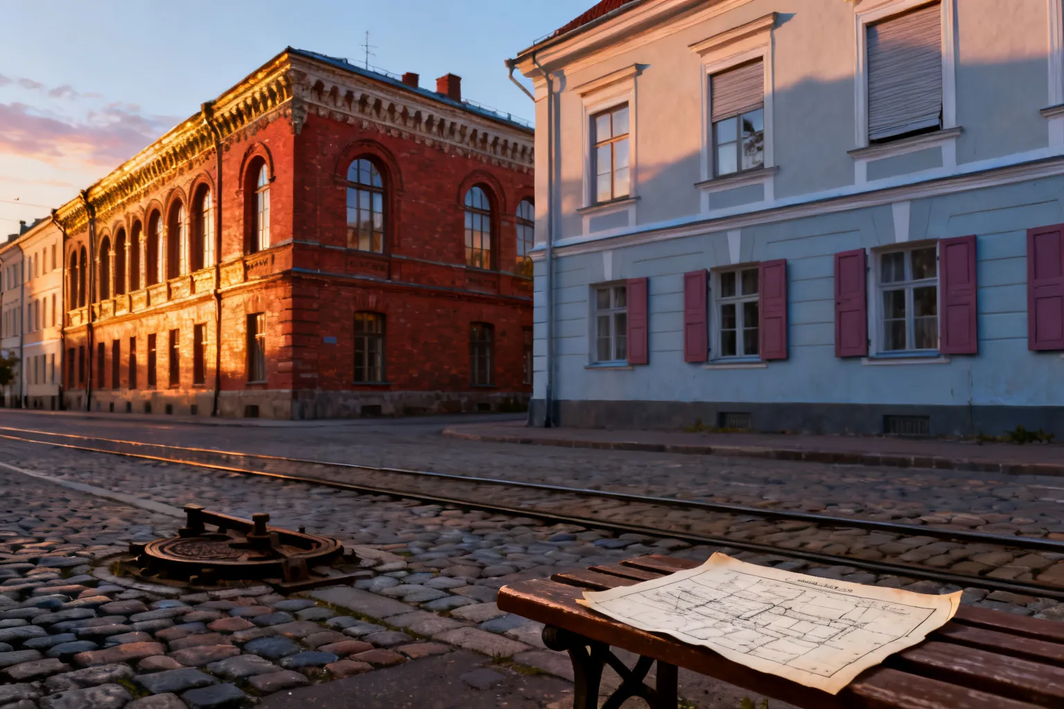 Kontrastujące elewacje Szczecina: ozdobna czerwona kamienica pruska obok prostszej, szwedzkiej jasnej fasady; bruk i fragment torów.
