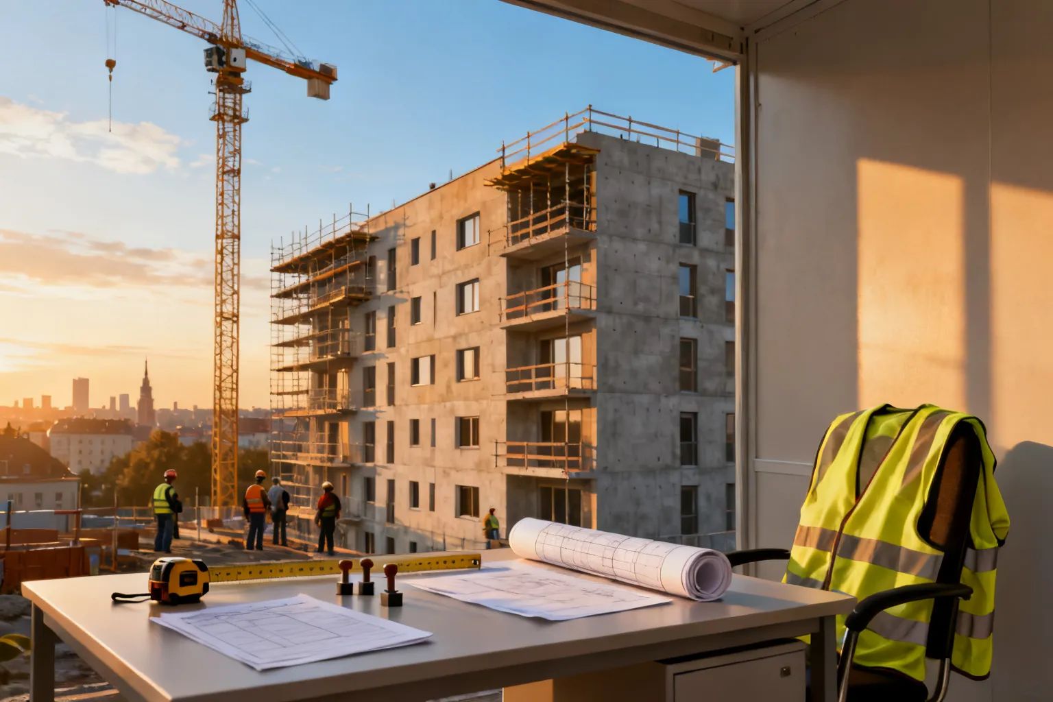 Tymczasowe biuro budowy z planami, kaskiem i kamizelką na stole; w tle wznoszący się blok mieszkalny ze scaffoldingu i dźwigiem.