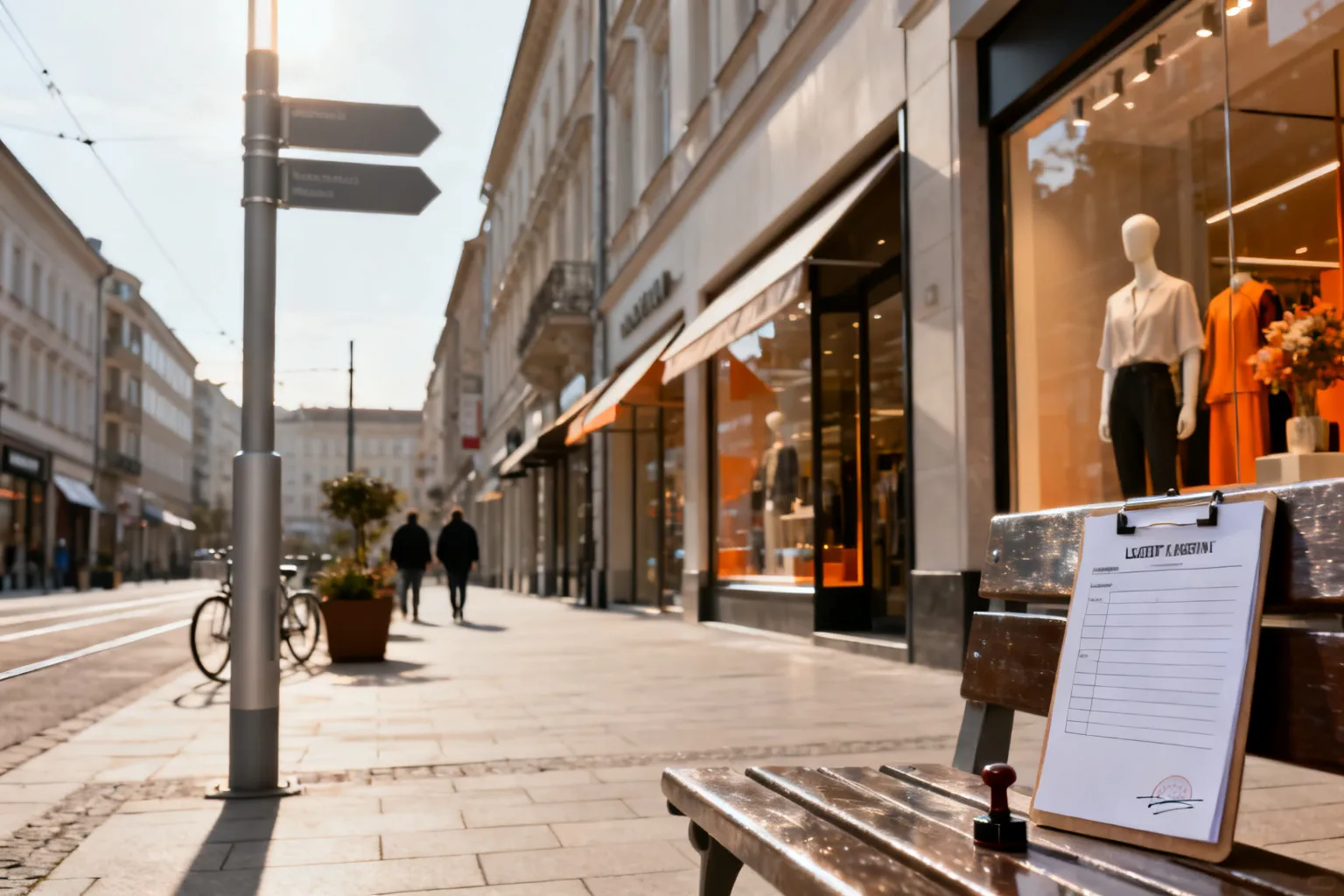 Widok eleganckiej ulicy handlowej w Szczecinie: witryny, pusty deptak, łyżka przyczyny - clipboard z pustą umową najmu na ławce sugeruje temat czynszów.