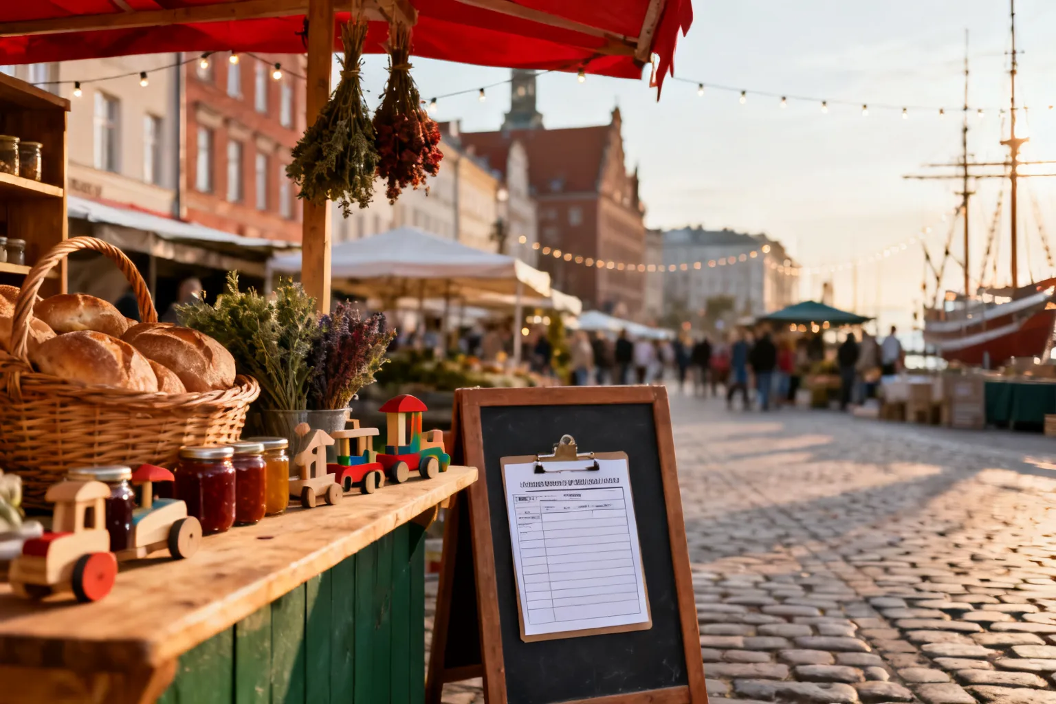 Stoiska na szczecińskim jarmarku z koszami chleba, przetworami, suszonymi ziołami i rzemieślniczymi zabawkami; pusty clipboard z pozwoleniem.