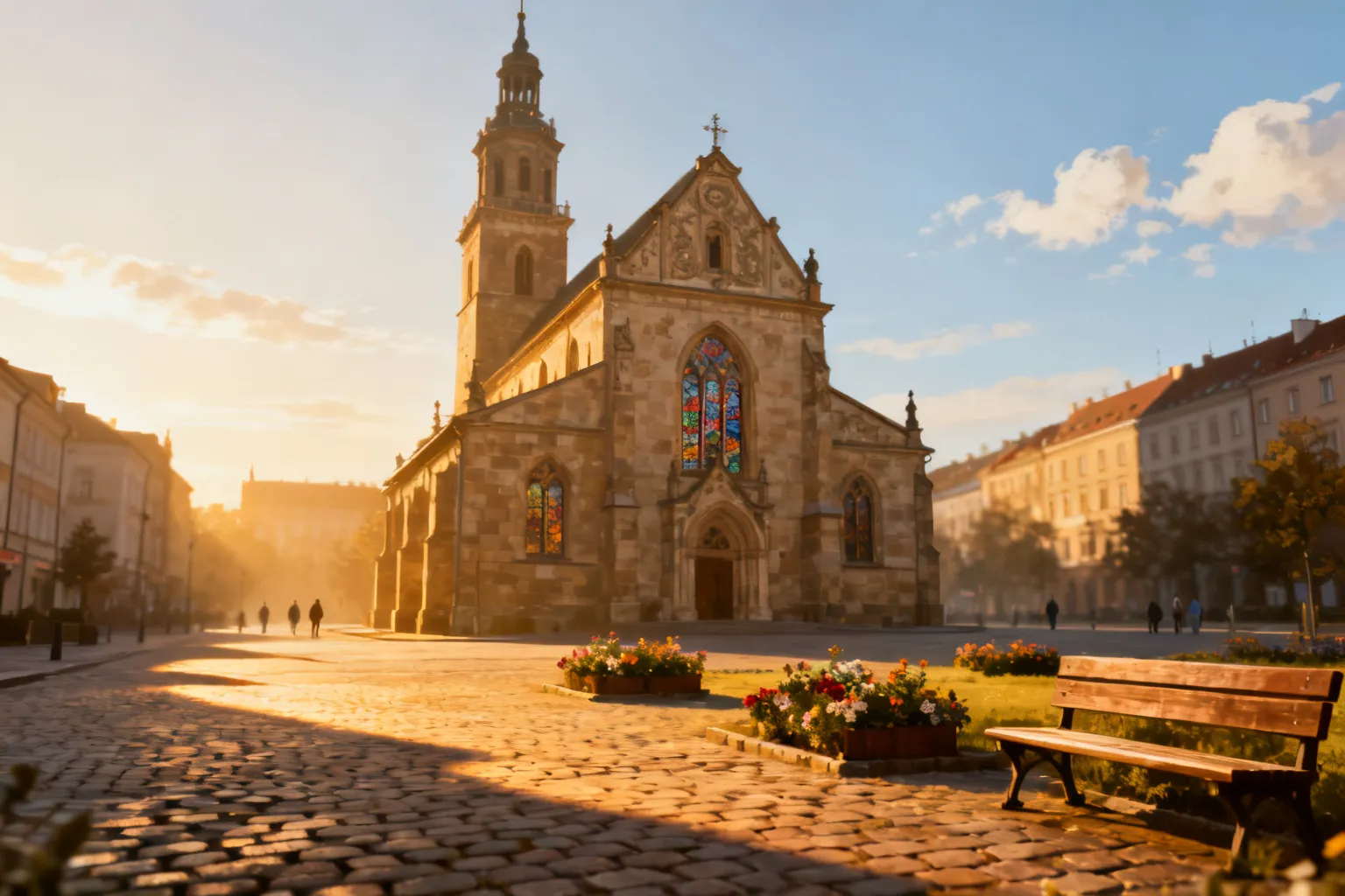 Widok na historyczny kościół w Szczecinie z wieżą i ozdobną fasadą, przed nim brukowany plac z ławką i kwiatami.