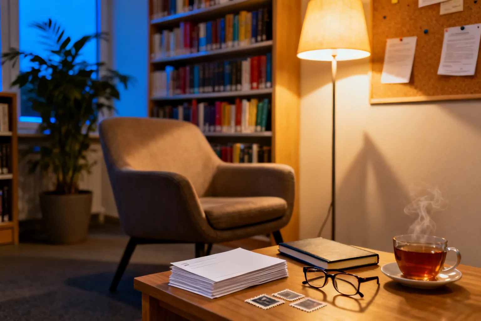 Przytulny kącik czytelniczy w szczecińskiej bibliotece: fotel, stolik z broszurami, filiżanka herbaty i lamka tworzące zachęcające miejsce do lektury.