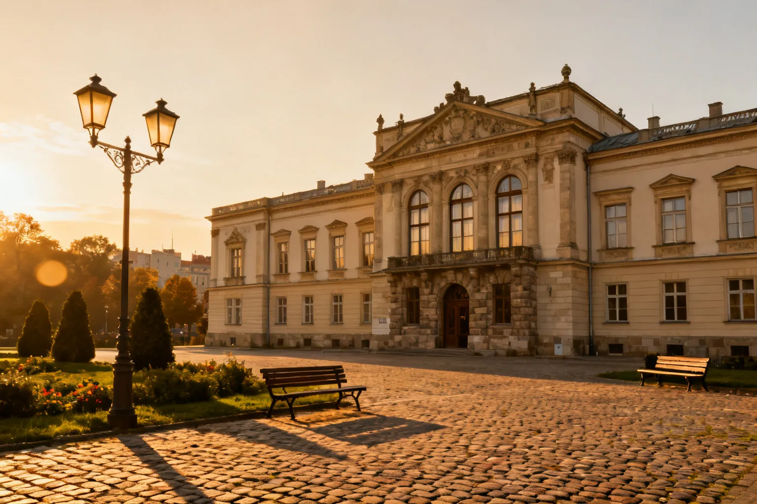 Widok eleganckiego pałacu w Szczecinie przy złotym świetle, zadbany plac i ławki zachęcające do spaceru.