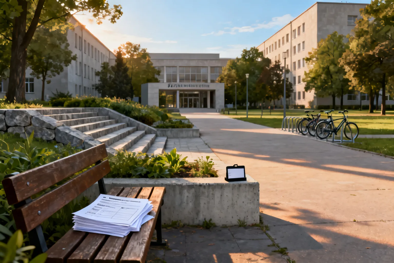 Wejście na kampus w Szczecinie z pustą ławką, stertą formularzy rekrutacyjnych i ścieżką prowadzącą do budynków uczelni.