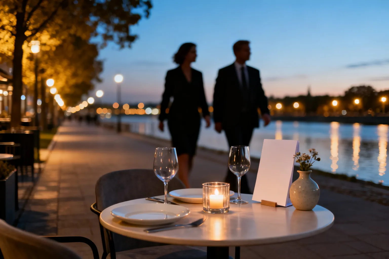 Romantyczne miejsce nad Odrą: stolik dla dwojga przy nowoczesnym bistro, świeca i kieliszki, wieczorny deptak w tle.