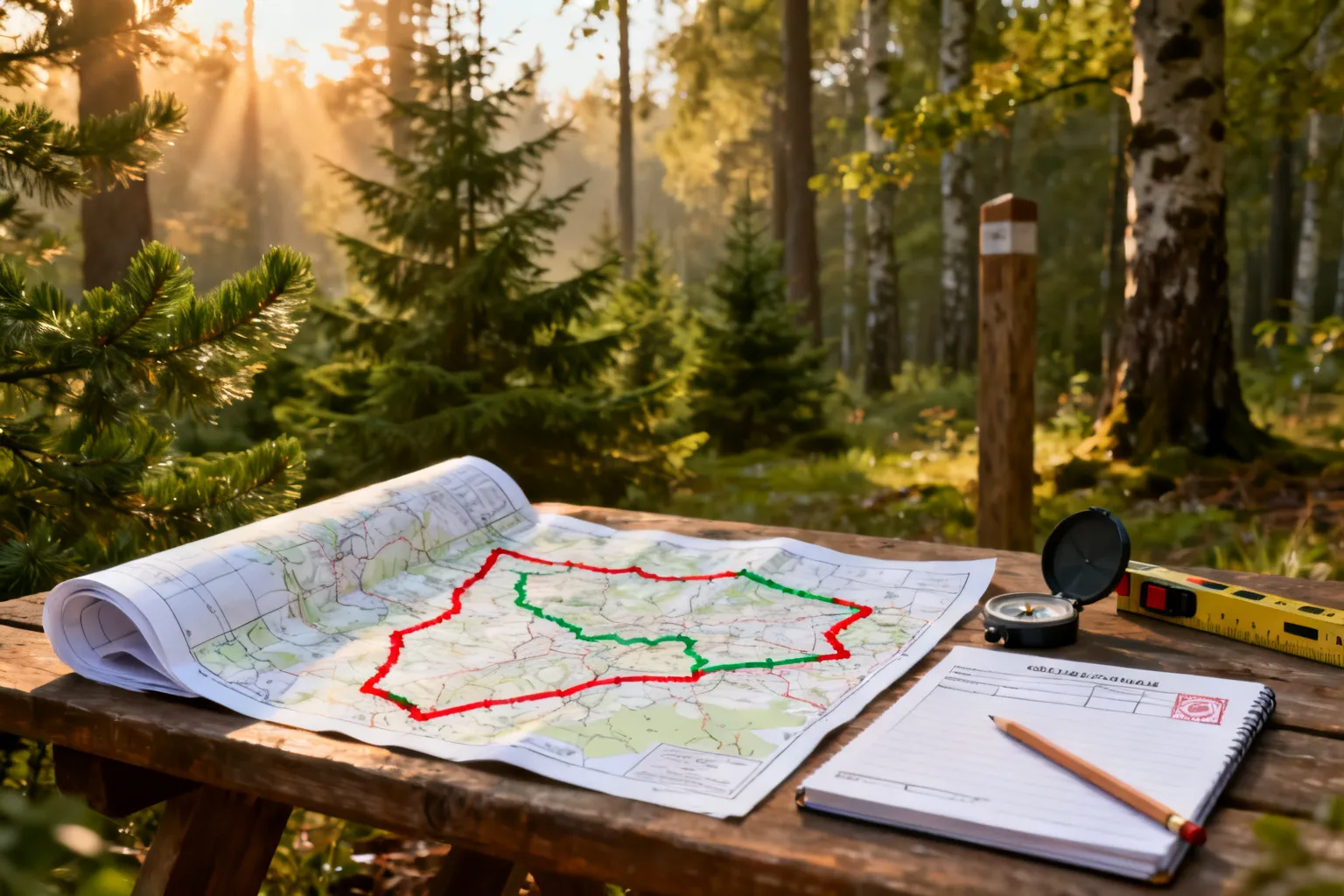 Mapa granic leśnych rozłożona na drewnianym stole z kompasem i taśmą mierniczą, poranny widok na zieloną Puszczę Wkrzańską.
