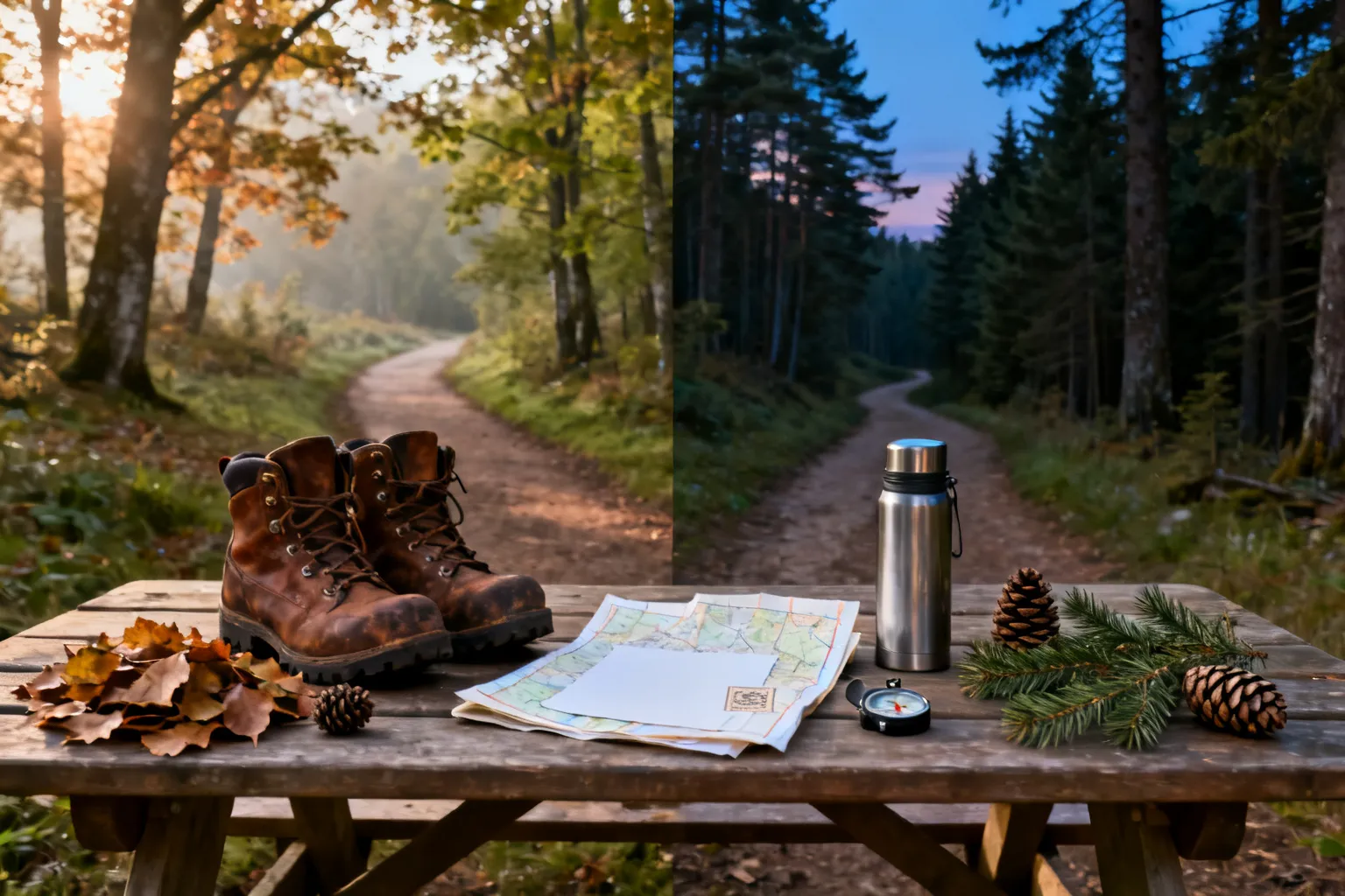 Dwie ścieżki leśne przy stoliku z dwoma zestawami butów trekkingowych, mapą i skorupami szyszek sugerują wybór między bukowym a iglastym lasem.