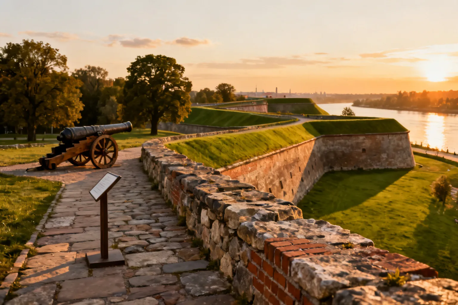 Widok zabytkowych wałów i fosy twierdzy Szczecin o złotej godzinie, z historycznym działem i zielonymi bastionami