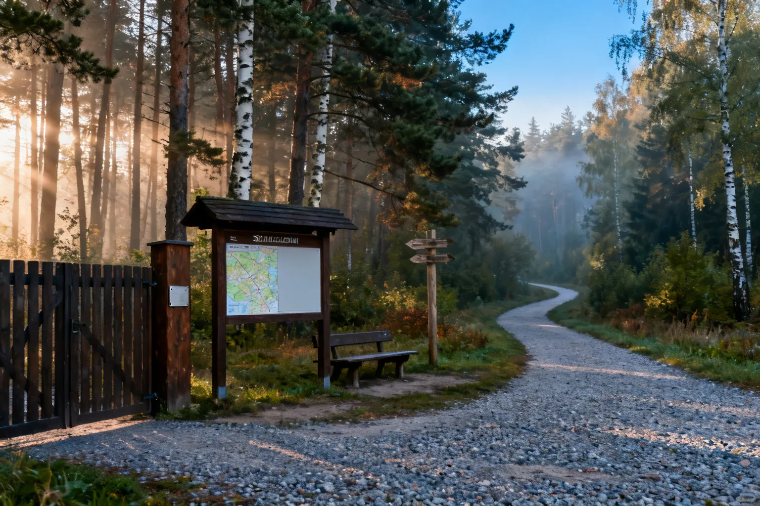 Wejście na rezerwat w Szczecinie: drewniana brama i plansza z mapą przy ścieżce prowadzącej w mglisty las sosnowo-brzozowy.