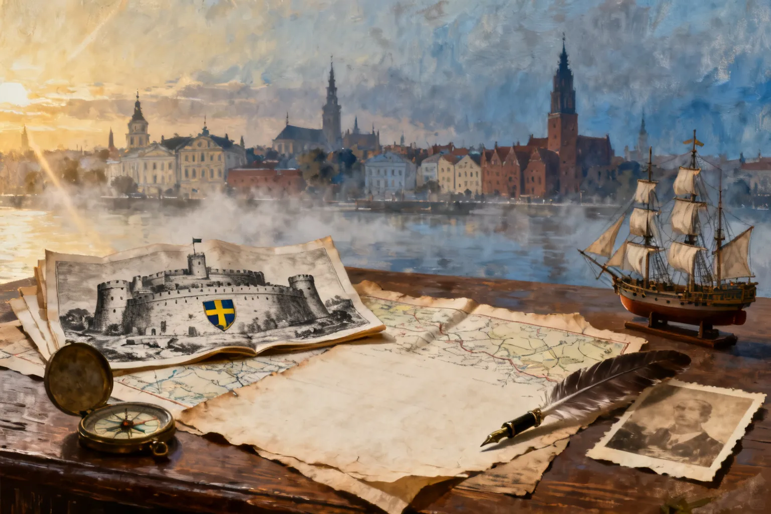 Stolik z wiekowymi dokumentami, mapą, kompasem i modelem żaglowca; w tle mglista panorama historycznego Szczecina.