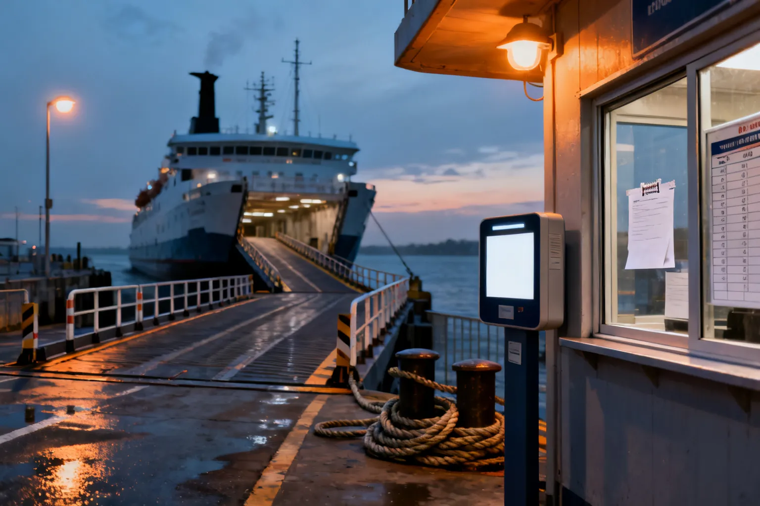 Wieczorny port promowy w Szczecinie z podejściem do rampy, cumami na burcie i zacumowanym promem; pusty kiosk i okienko kasowe.